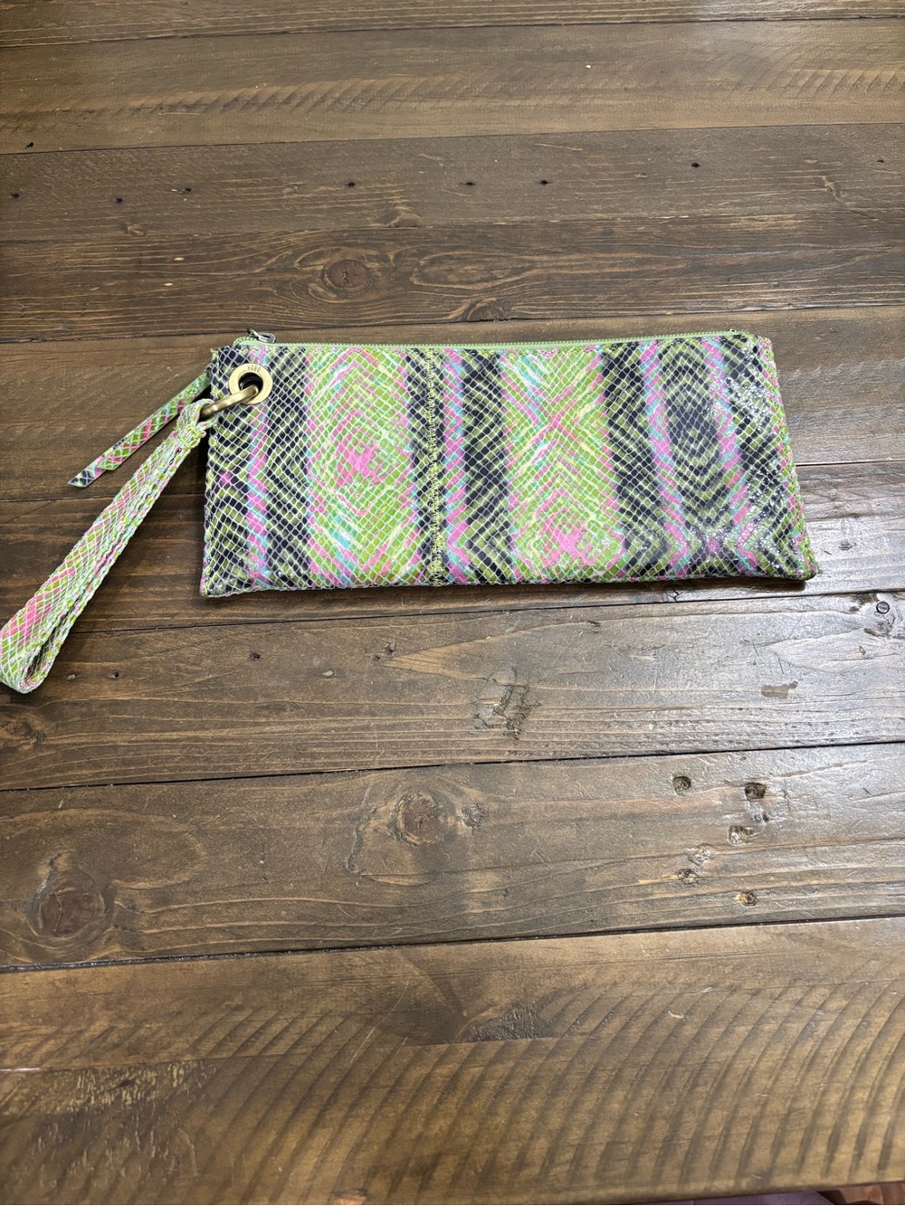 HOBO Neon Snake-Print Wristlet Clutch in Green, Pink & Black